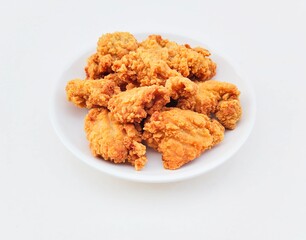 Breaded fried chicken in a white plate on a white background.