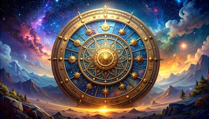 Fototapeta premium Mystical Cosmic Wheel of Fortune in a Celestial Landscape.