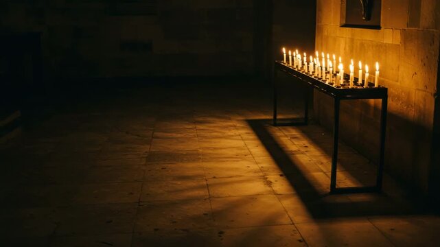 Candles burning in chapel on metal stands, rows of glowing candles in dark interior, flickering lights near stone wall, quiet time for prayer, church space with lit candles and warm flame