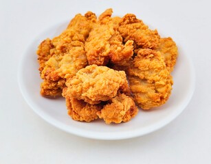 Breaded fried chicken in a white plate on a white background.