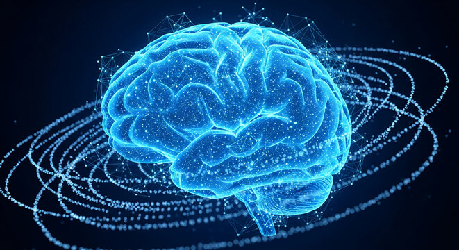 Blue glowing brain model, network connections, dark background, showcasing intelligence, knowledge, and neural pathways, ideal for technology or science concepts