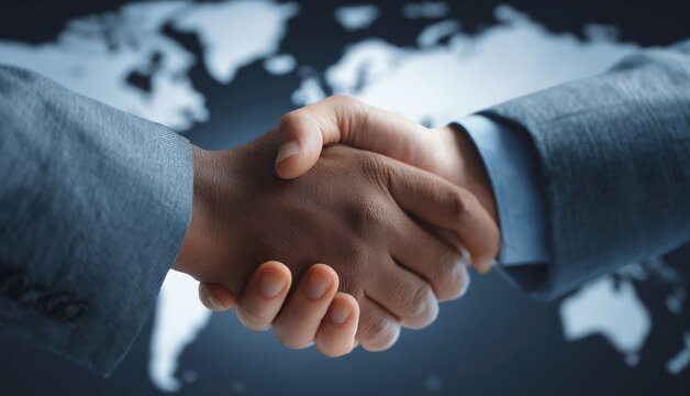 Close-up of two businessmen shaking hands in front of a blurred world map background, symbolizing global partnership, agreement and cross-cultural collaboration.