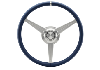 Isolated boat or car steering wheel featuring blue rim and silver spokes is centered