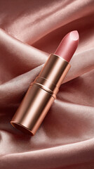 Luxurious lipstick resting on soft satin fabric, showcasing realistic and minimal design. elegant packaging complements rich color, perfect for enhancing beauty and style