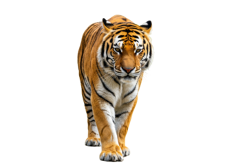 Isolated tiger walking forward, majestic wild animal with black stripes on orange fur looking fierce
