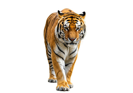Isolated tiger walking forward, majestic wild animal with black stripes on orange fur looking fierce
