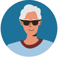 Elderly Man With White Hair And Sunglasses Wearing A Light Blue Shirt With Maroon Trim In A Circle Against A Teal Background