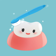 Cartoon clean tooth with toothbrush brushing teeth and smiling happily