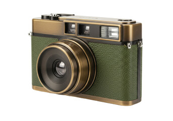Isolated film camera, vintage style with an olive green textured body and bronze-colored details