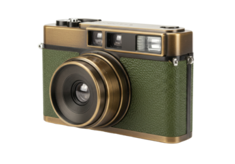 Isolated film camera, vintage style with an olive green textured body and bronze-colored details