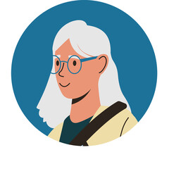 Elderly woman with grey hair and glasses wearing a cream jacket and dark shirt posing in a blue circle with a transparent background signifying a profile picture or avatar illustration for digital use