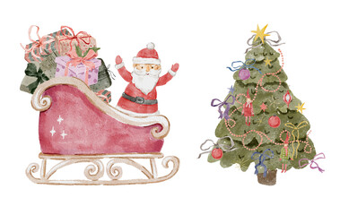 Festive Santa in Sleigh with Decorated Christmas Tree Illustration, Decorated Watercolor Christmas Tree with Ribbons, Stars, and Presents