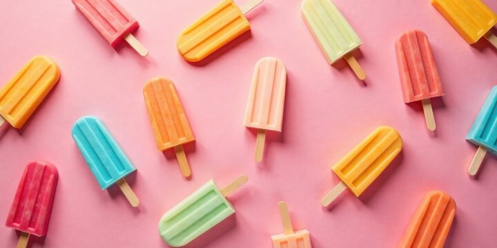 A vibrant array of assorted frozen treats arranged on a pastel pink background, showcasing a delightful summery aesthetic