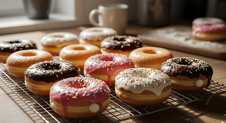 Assorted donuts with colorful toppings and glazes sit on a wire rack, with a mug and flour-dusted surface in the background.