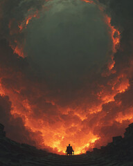 Fototapeta premium A solitary figure sits on a chair overlooking a fiery inferno, a desolate and apocalyptic landscape