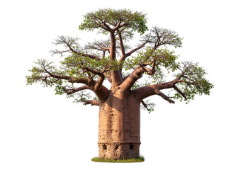Isolated baobab tree with thick trunk and small branches, with a small amount of green foliage © Ophelia