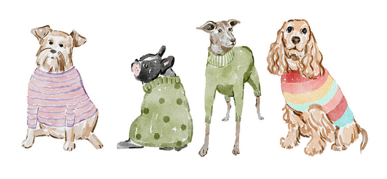 Adorable Watercolor whimsical Dogs in Christmas Outfits collection