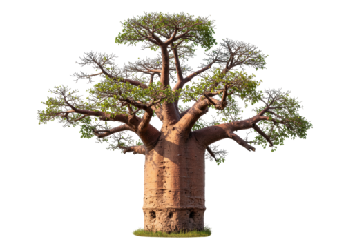 Isolated baobab tree with thick trunk and small branches, with a small amount of green foliage