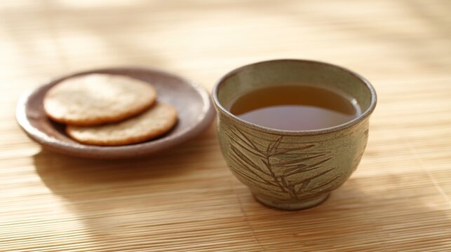 Delicate ceramic teacup with barley tea and songpyeon rice cakes, symbolizing Hangul Day tradition.