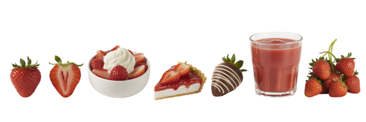 Strawberry Delights on Transparent: Whole Fruit, Slices, Cream, Pie, and Drink