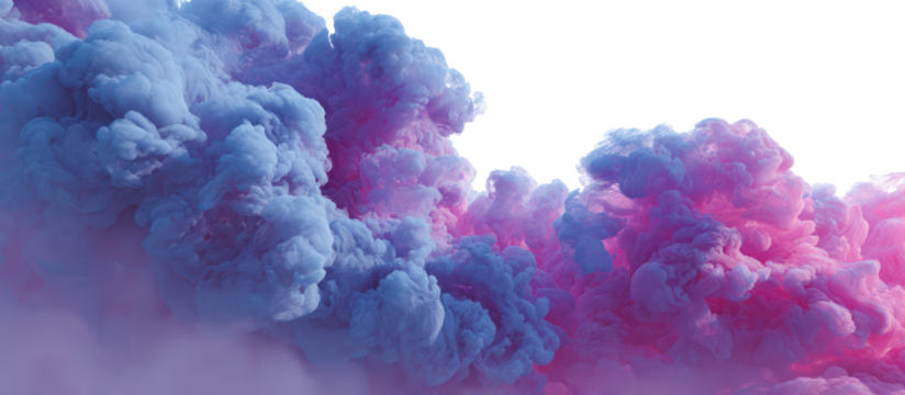 Abstract swirling clouds of pink and blue smoke isolated on transparent background