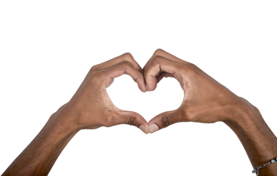 Hand gesture forming heart shape, African American man symbolizing love, care and connection.