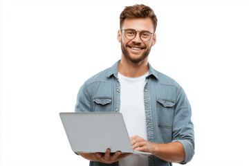 a young, smiling man holding a laptop, isolated on a white background