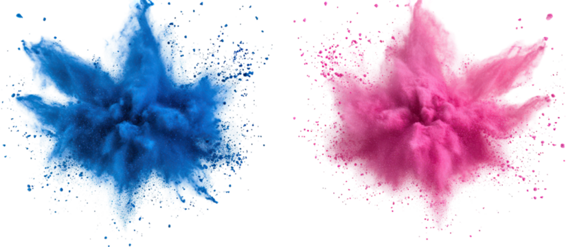 Two colorful powder explosions blue and pink isolated on transparent background