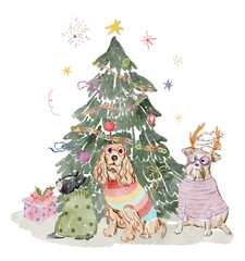 Adorable Dogs in Christmas Outfits with Antlers and Sweaters, Christmas tree composition