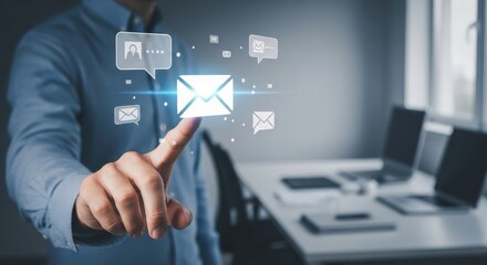 Naklejka premium Businessmans Finger Interacts with Glowing Email Icon and Digital Communication Bubbles.