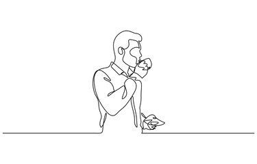 One continuous line drawing of young happy man enjoying and holding a cup of coffee, Isolated on transparent background