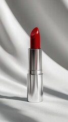 Vibrant red lipstick stands elegantly on soft, textured surface, showcasing its sleek silver casing. light reflects beautifully, enhancing its luxurious appeal