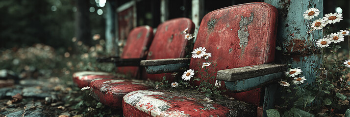 Abandoned movie theater seats overtaken by nature, highlighting themes of decay and renewal