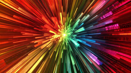 Colorful radial light streaks in rainbow spectrum against dark background. Vibrant starburst effect with dynamic motion creating abstract digital design with copy space for creative concepts.