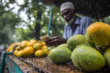 Authentic Indian Street Market Scene with UPI QR Code on Fruit Cart, Water Droplets on Fresh Mangoes, Vendor in Traditional Nehru Cap under Monsoon Daylight