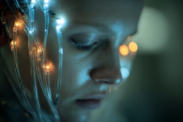 A conceptual close-up of a woman with lights on her face, creating a futuristic or dreamlike image, emphasizing technology and introspection with a calming blue tint.
