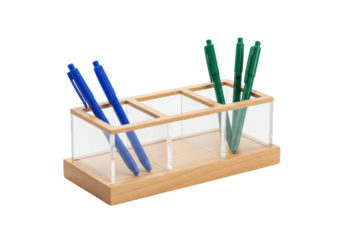Isolated desk organizer with green and blue pens for stationary and office supplies