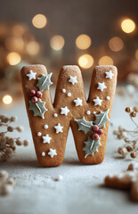 Gingerbread cookie letter W decorated with holly and tiny stars for a festive celebration