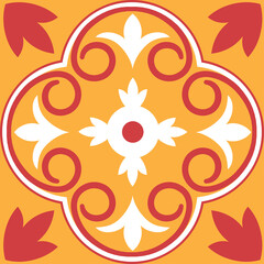 Ornate Vintage Decorative Tile with Red Swirls and White Floral Motifs on a Yellow Background