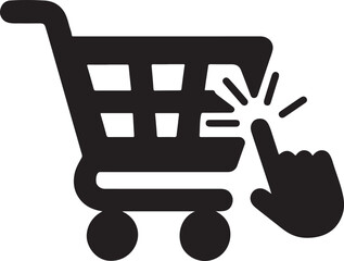 Silhouette shopping cart icon with digital mouse pointer clicking for online purchase. © IconNest