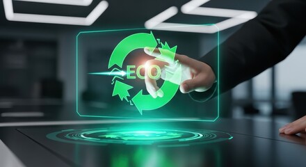 Futuristic Eco-Friendly Concept - Hand Interacting with Holographic Recycling Symbol.