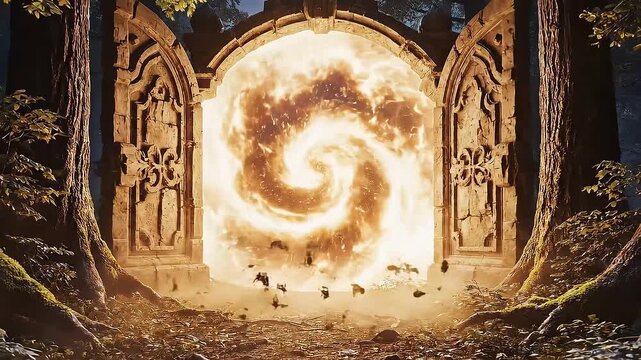 森の中に現れる光の扉が誘う未知への入り口