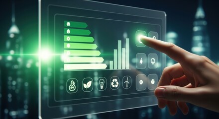 Futuristic Energy Efficiency Interface - Hand Interacting with Green Technology Display in Urban Setting.