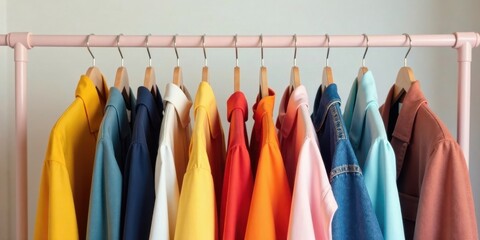 A vibrant array of colorful shirts and jackets hanging neatly on a pastel pink clothing rack, ready for selection and style