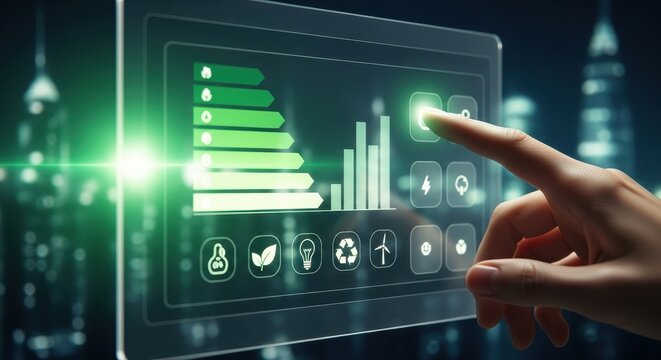 Futuristic Energy Efficiency Interface - Hand Interacting with Green Technology Display in Urban Setting. - Powered by Adobe