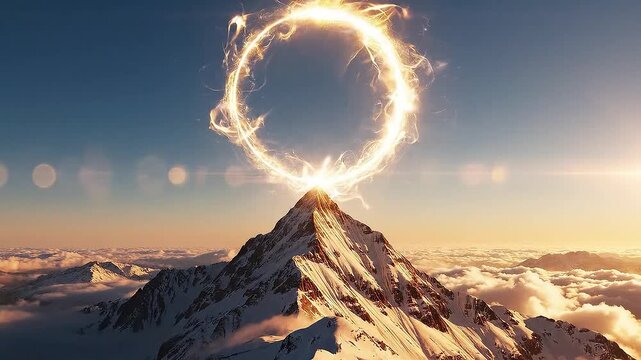 輝くリングが山頂を照らす悟りの光