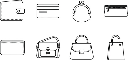 Vector line art of wallets purses and bags fashion accessories