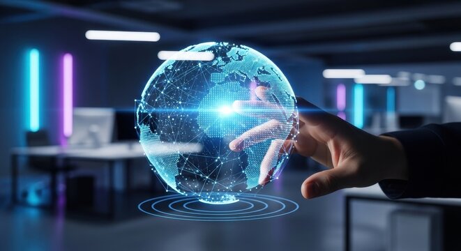 Futuristic Hand Interacting with Holographic Globe in Modern Office, Technology Concept.