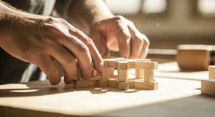 A man roofer is working on a wooden structure, using a saw to cut the wood. Concept of craftsmanship and dedication to the task at hand. The man's hands are focused on the work