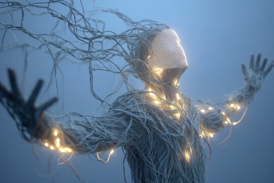 An abstract figure composed of tangled wires and illuminated light, showcasing conceptual art, electric wiring, and technology with a blue background color.